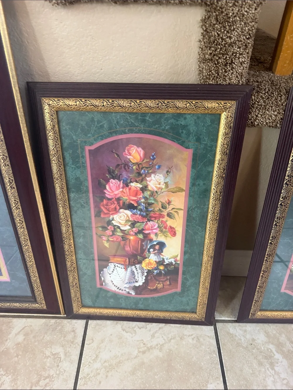 Framed Floral and Figurative Wall Art Set in Green and Gold